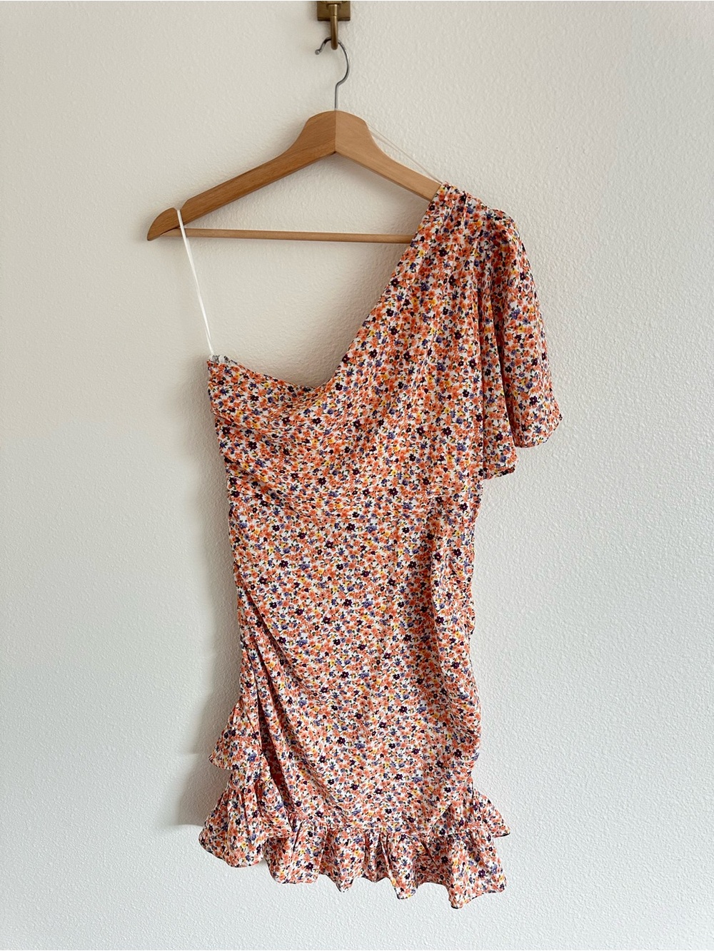 Lush One-Shoulder Floral Mini Dress in Orange and Blue